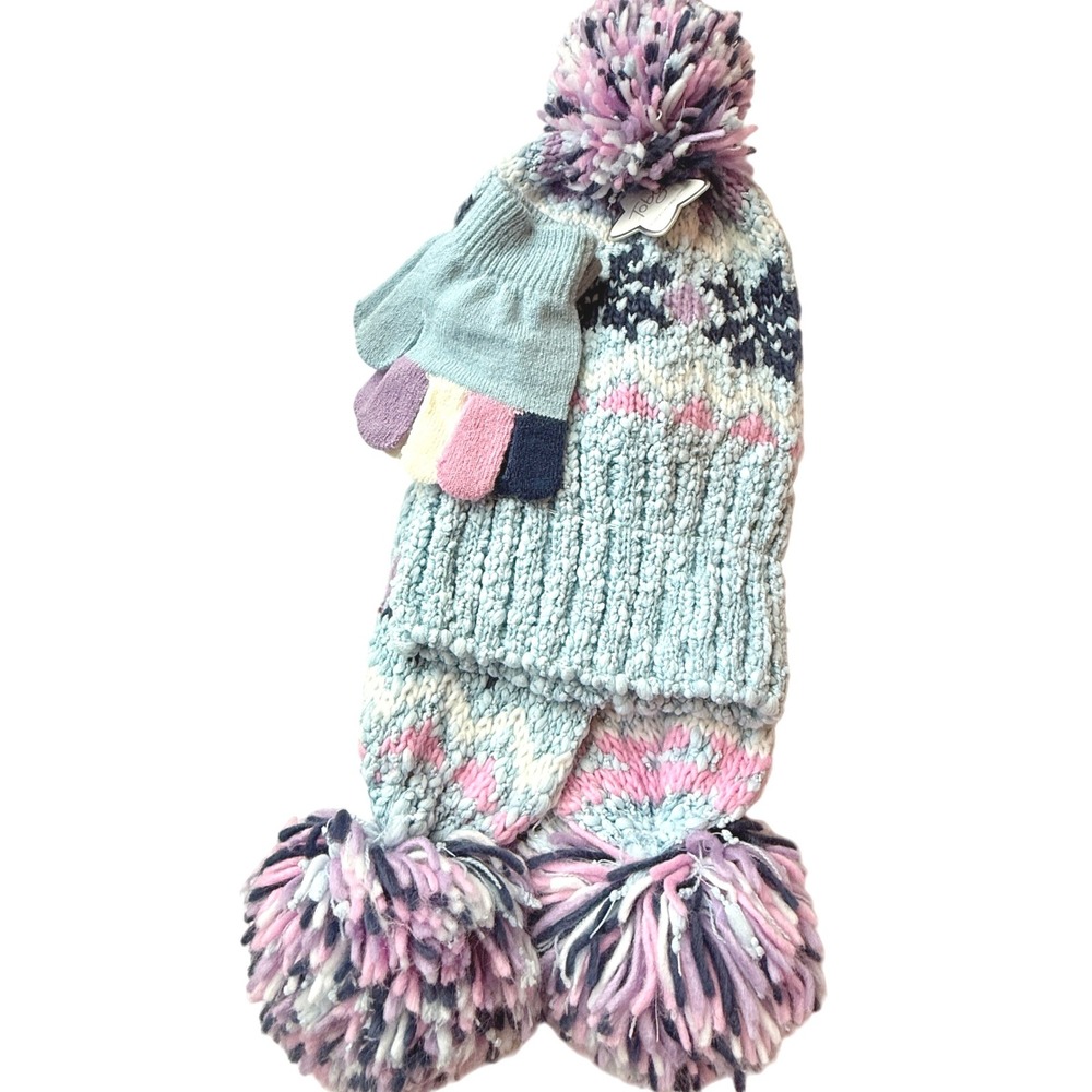 Toby Kids Beanie Scarf and Gloves Set Blue Fair Isle Pom Pom 4-6X NEW